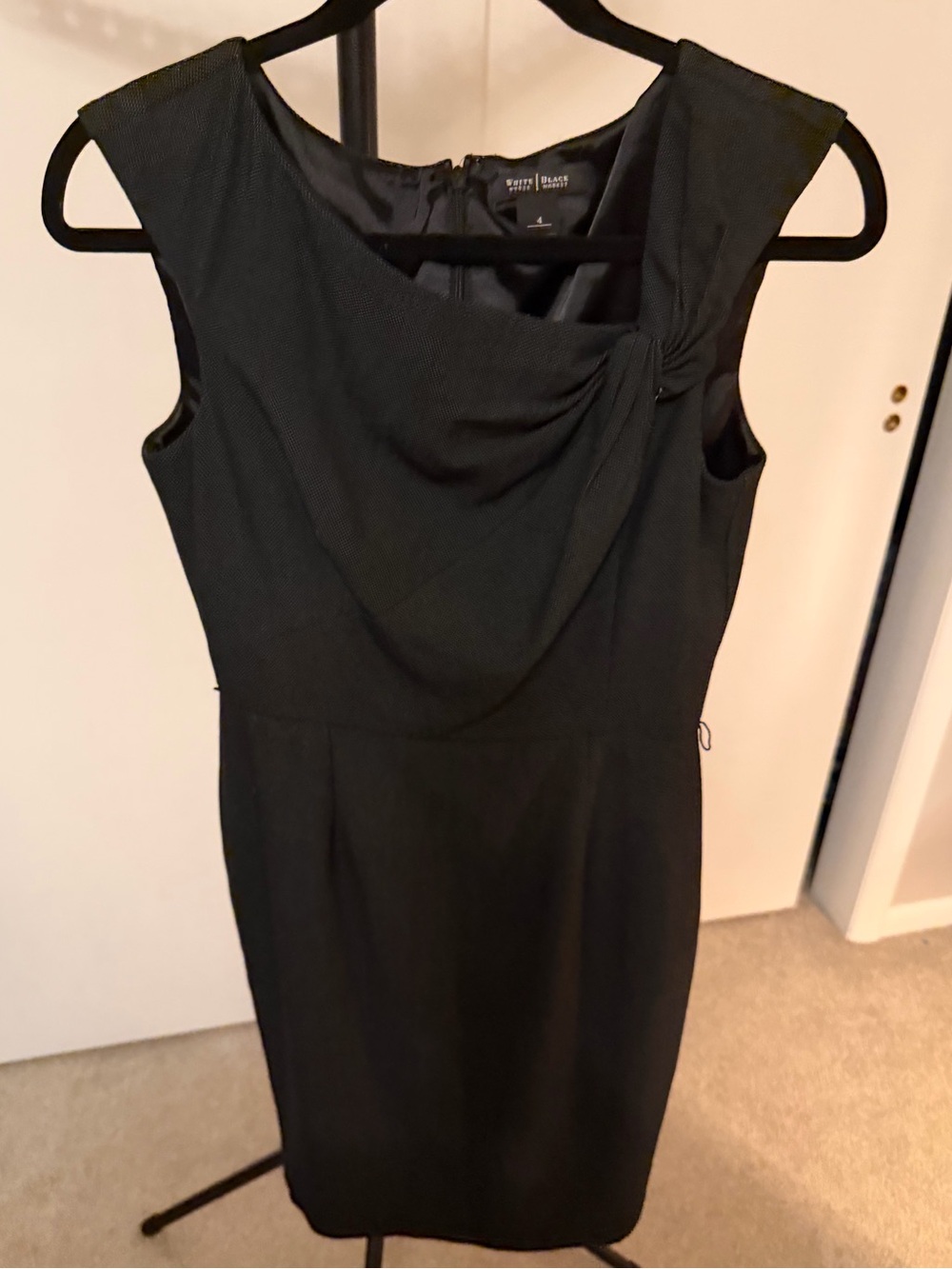White House Black Market Black Sleeveless Midi Sheath Dress with Draped Neck